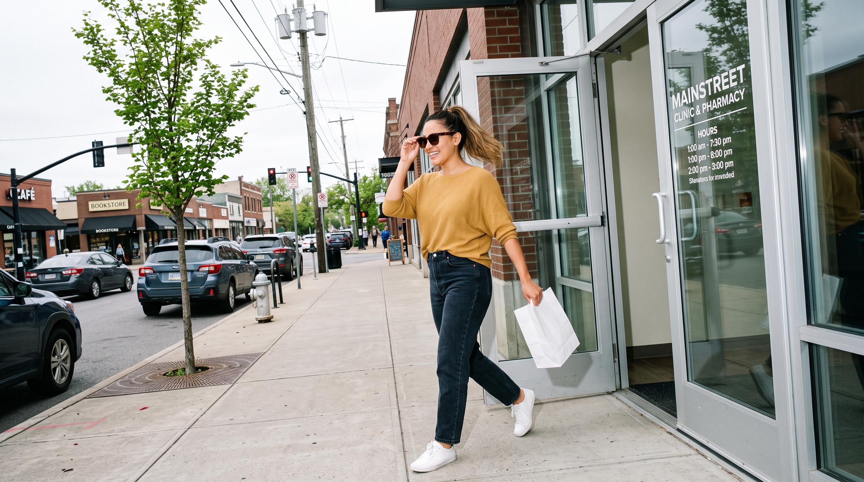 A woman leaving a main street clinic and pharmacy, prescription bag in hand