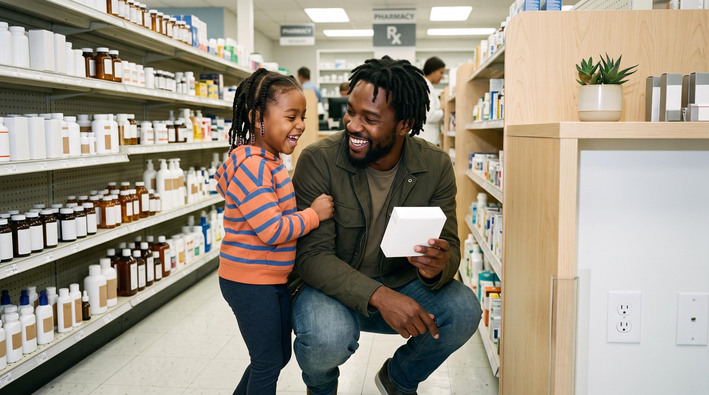 A father crouching in a pharmacy aisle, laughing with his young daughter as he shows her a medicine box