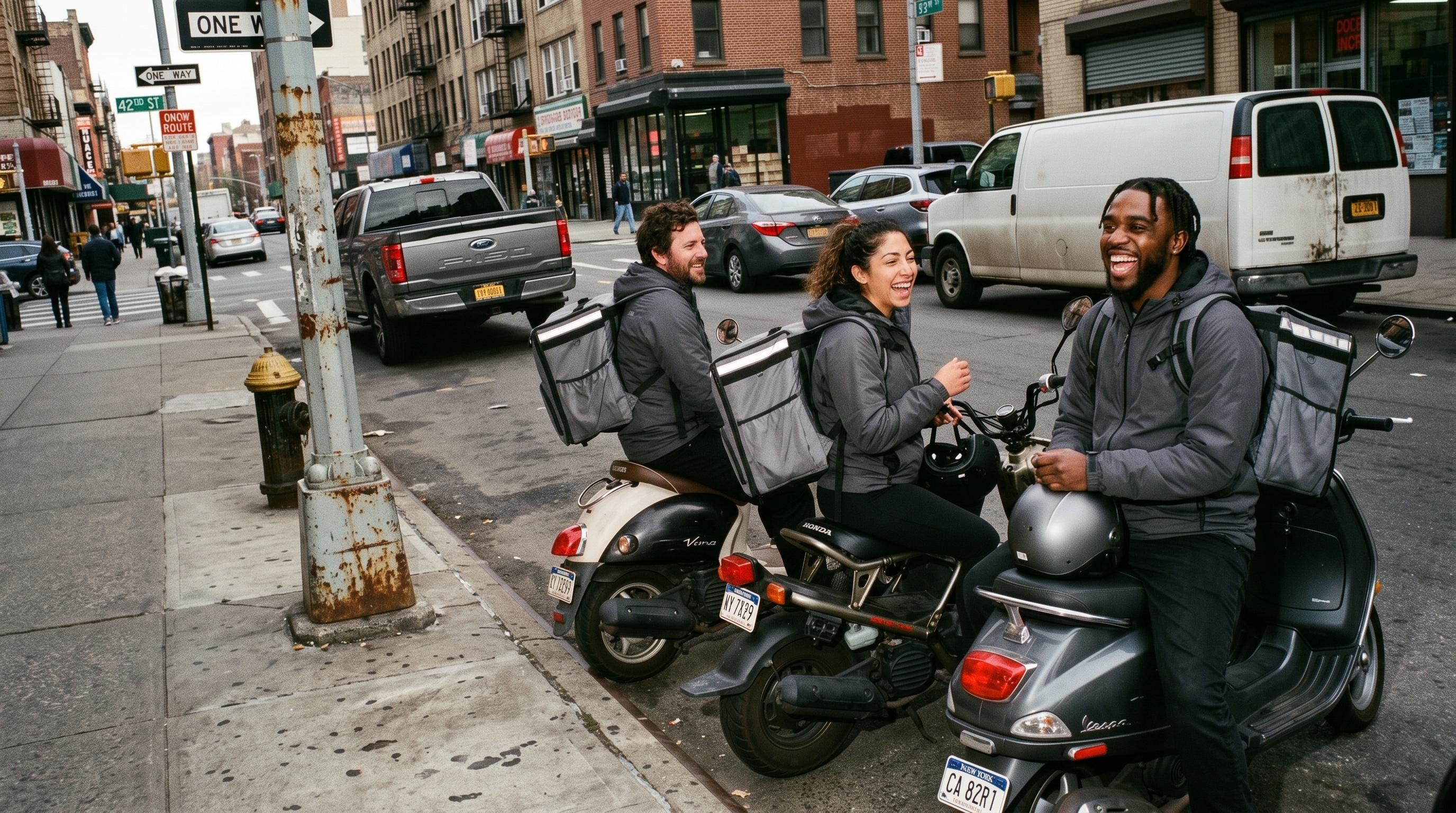 Three couriers laughing together on their scooters at a city intersection between drops