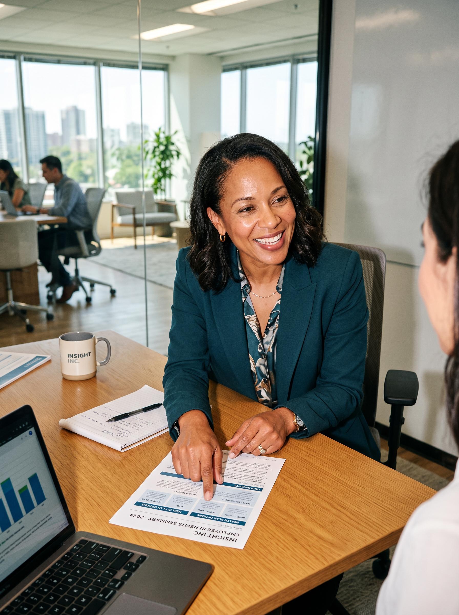 An HR lead reviewing benefit options at a conference table.
