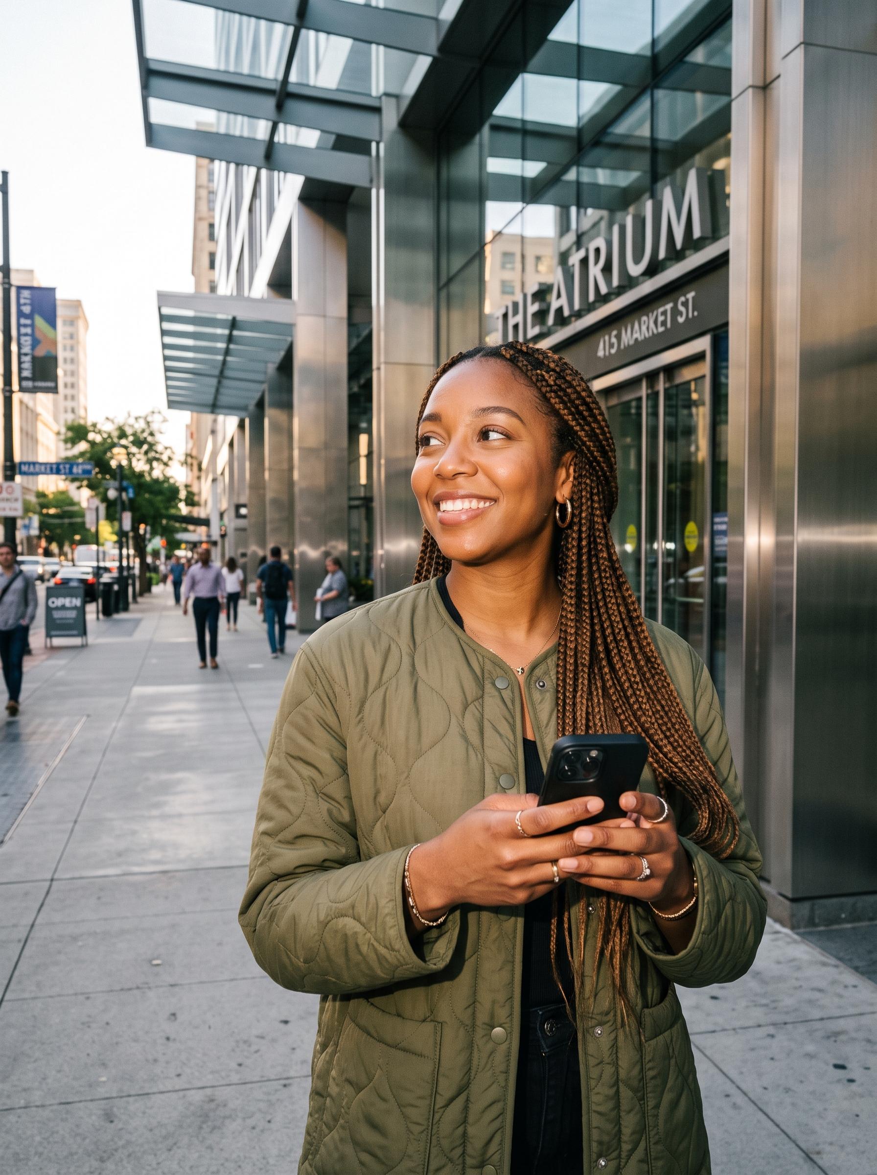 A worker checking her benefits on her phone on a city sidewalk.