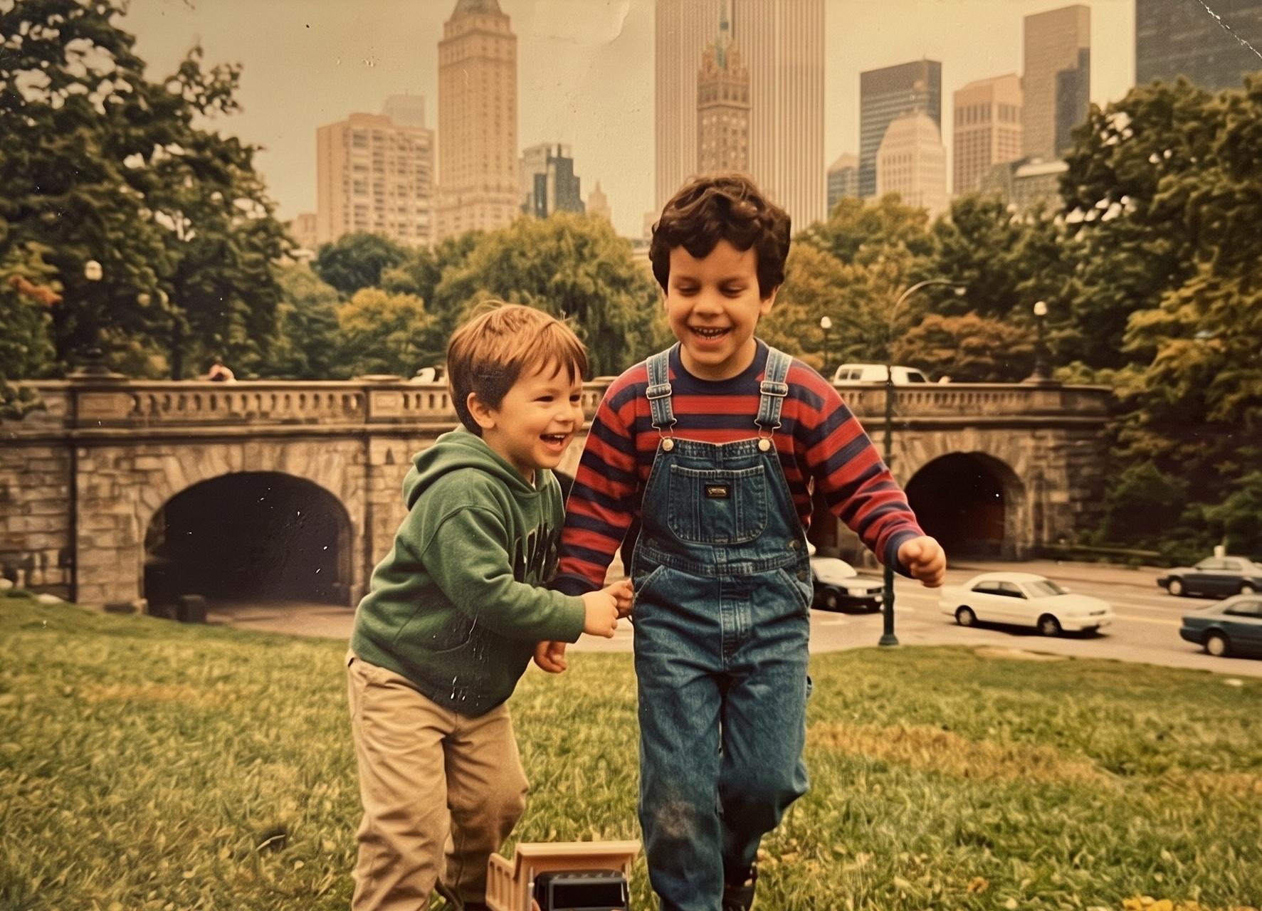 Felix and his brother as children, playing in a park.