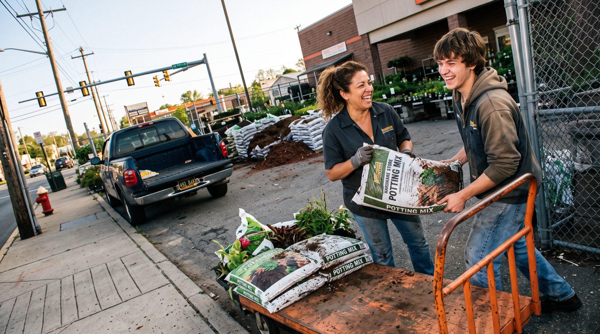 Two garden-center workers laughing as they load bags of potting mix onto a cart